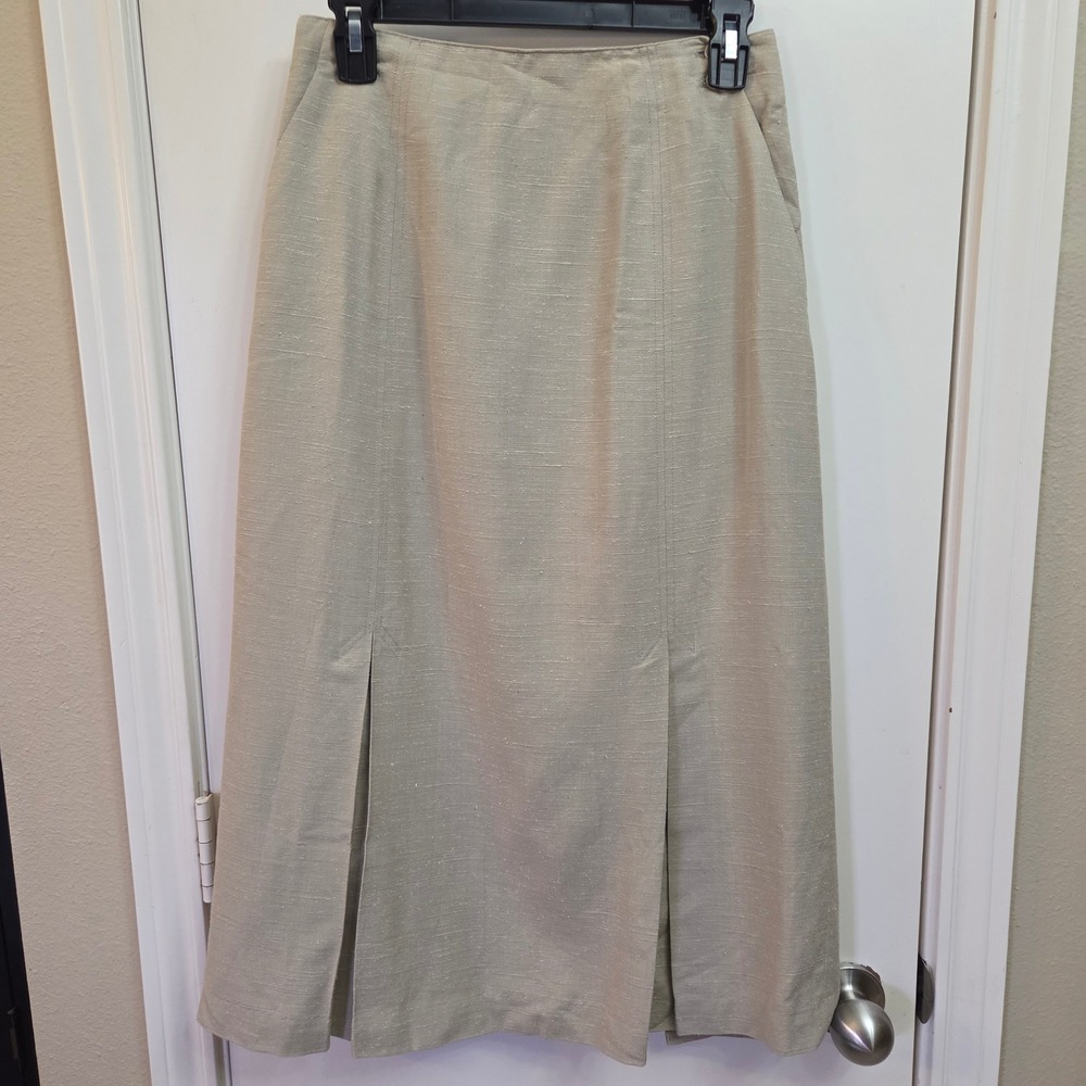 Liz Claiborne Petites Beige Silk Blend Slub Midi Skirt Front Pleat Size 10P VTG